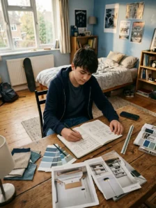 Teen planning his own bedroom design with sketches and color ideas