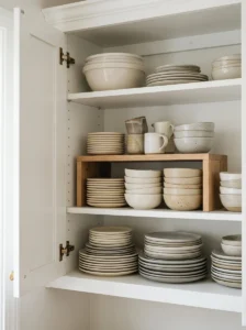Tiered shelf riser creating extra vertical storage inside a kitchen cabinet.