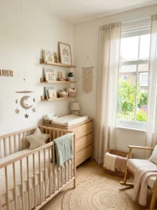 Over-the-door organizer providing extra storage in a small nursery.