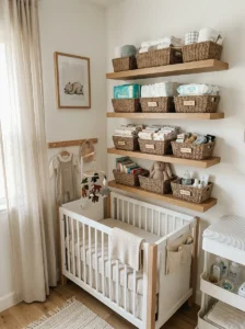 Small nursery using floating shelves and woven baskets instead of a bulky dresser.