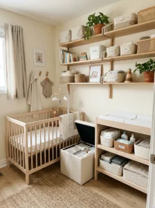 Multifunctional ottoman with hidden storage in a compact nursery.