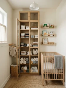 Tall narrow storage cabinet maximizing vertical space in a small nursery.