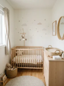 Low-profile storage bins tucked beneath a mini crib for extra linens.