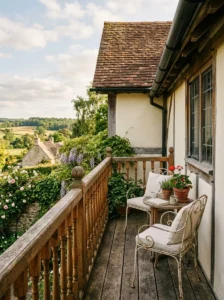 Traditional wood baluster railing on a farmhouse balcony
