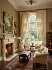 Formal floor-length drapery with tiebacks in a classic living room