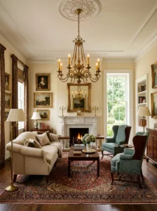 Classic brass chandelier in an elegant traditional living room