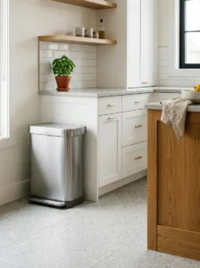 Sleek stainless steel trash can in a clean modern kitchen.