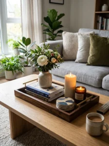 Decorative tray organizing a coffee table.