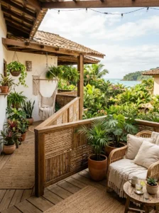 Natural bamboo balcony railing providing texture and privacy