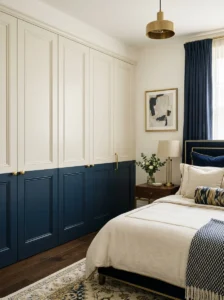 Frosted glass sliding closet doors in a bedroom