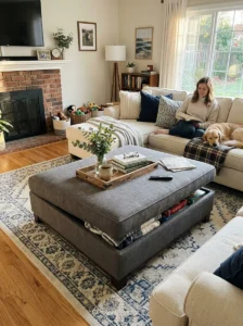 Storage ottoman used as a coffee table.