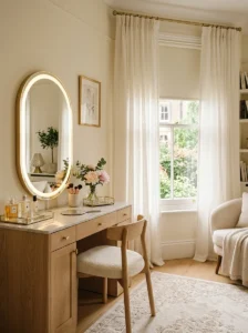 Beauty room with sheer curtains and a blackout shade for flexible light control.