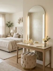 Statement pendant light above a modern bedroom bed