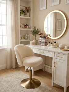 Comfortable adjustable vanity stool in a stylish beauty room.