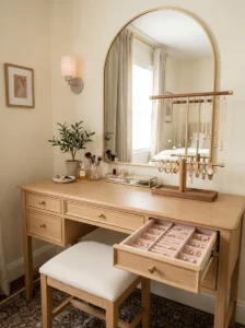 Organized jewelry display with necklaces, bracelets, rings, and earrings beside a vanity.