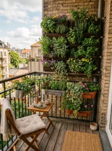 Vertical balcony garden using wall-mounted and railing planters to save floor space.