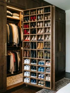 : Vertical shoe storage inside wardrobe.