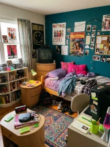 90s bedroom featuring teal, purple, hot pink, and lime green jelly-bean colors.