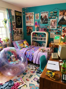 Inflatable bubble chair adding playful 90s style to a bedroom.