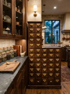 Vintage wooden apothecary cabinet with small drawers in a kitchen