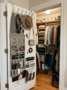 Customizable pegboard storage system in a small walk-in closet