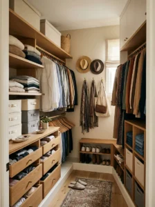 Multi-directional hooks organizing bags and accessories in a small closet