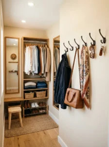 Wall hooks organizing frequently used items in a small closet