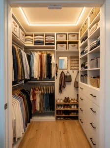 Slim storage boxes using the space beneath a closet hanging rod