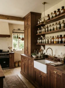Dark walnut cabinetry with brass hardware in an apothecary-style kitchen