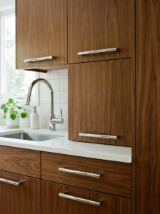 Chrome cabinet hardware in a walnut kitchen.