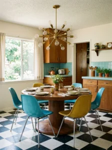 Round walnut dining table in a mid-century kitchen.
