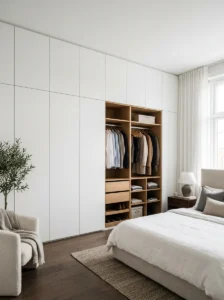 Floor-to-ceiling wardrobe storage wall.