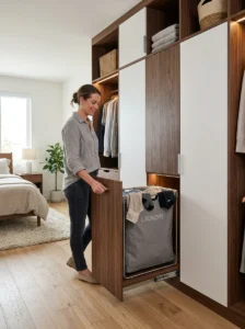 Hidden laundry hamper inside wardrobe.