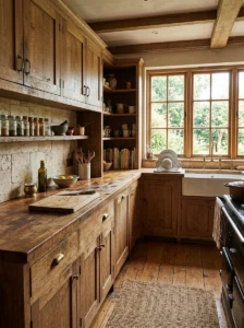 Naturally aged wood kitchen showing warm patina and character