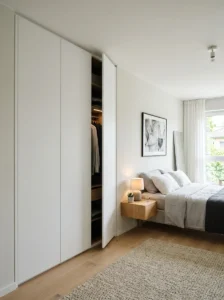 Minimalist handleless bedroom cupboard.
