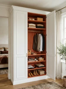 Wardrobe with contrasting interior color.