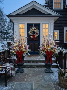 Snow-flocked branches in urn planters on a Christmas porch