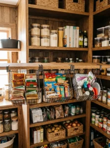 Under-shelf baskets creating extra storage space in a kitchen pantry.