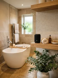 Wireless speaker in a relaxing spa-inspired bathroom