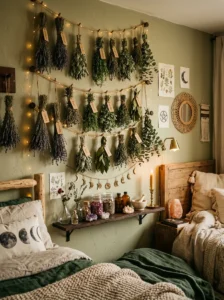 Dried herbs and botanicals decorating a witchy bedroom.