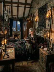 Aged wrought iron accents in a witchy bedroom.