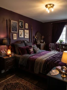 Deep plum walls creating a moody witchy bedroom atmosphere.