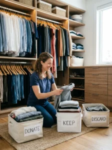 Person sorting clothes before organizing a closet