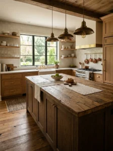 Kitchen island with a reclaimed wood countertop and natural character