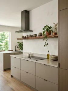 Kitchen with natural wood-framed windows and doors