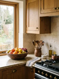 Wood bowls and vessels used as functional kitchen decor