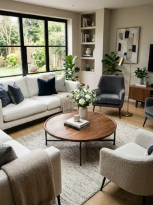 Round coffee table softening a modern living room.