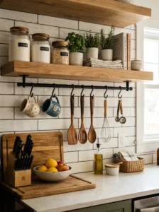 Kitchen shelf with hanging rail for cooking utensils.