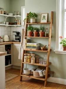 Freestanding ladder shelf providing vertical kitchen storage.