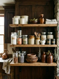 Open kitchen shelves with ceramic crocks, glass jars and wooden bowls